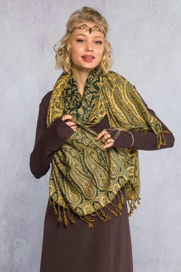 Кашемировый тонкий шарф с этно орнаментом в стиле пейсли