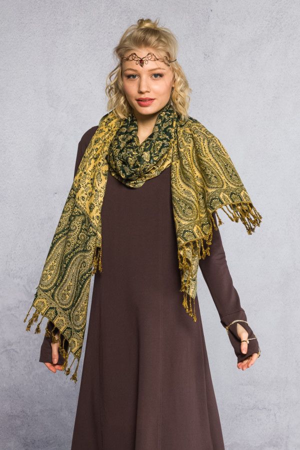 Кашемировый тонкий шарф с этно орнаментом в стиле пейсли