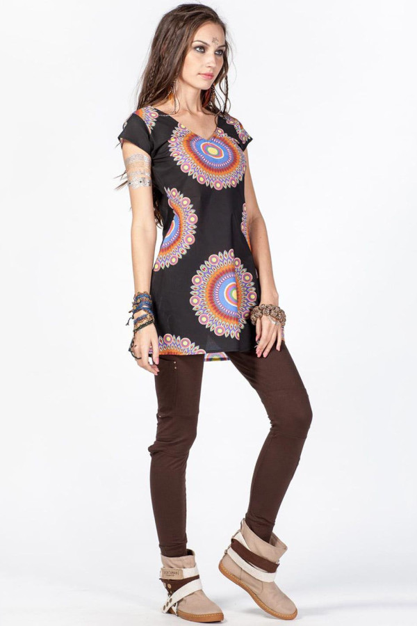 Короткое платье-туника из натурального хлопка с ярким этно принтом – Мандалы